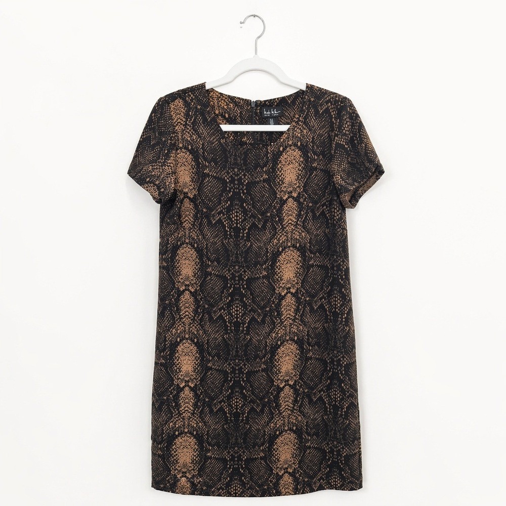 Nicole Miller Dress Womens 2 Brown Snakeskin Print Short Sleeve Shift Mini Dress